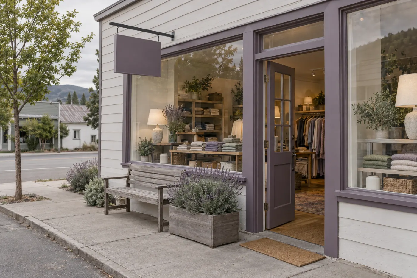 The street front of a small thrift store: a wide window with racks of folded clothes and a few lamps, a plum-painted door propped open, a blank hanging sign, a bench and a planter of lavender on the pavement.