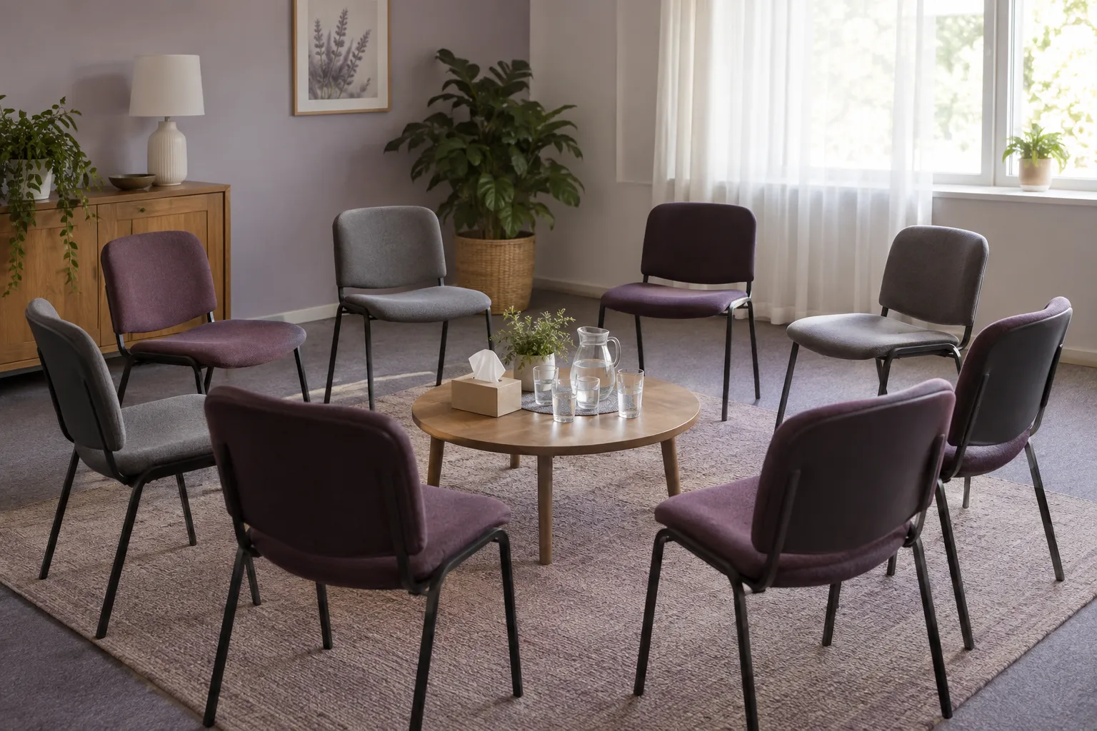 A plain meeting room with eight simple chairs in a loose circle, a low table with a box of tissues and a jug of water, a sheer curtain and daylight, a potted plant in the corner.
