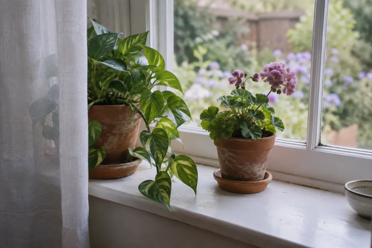 A pothos and a small geranium in terracotta pots on a white-painted window sill, a sheer curtain and a garden blurred outside.