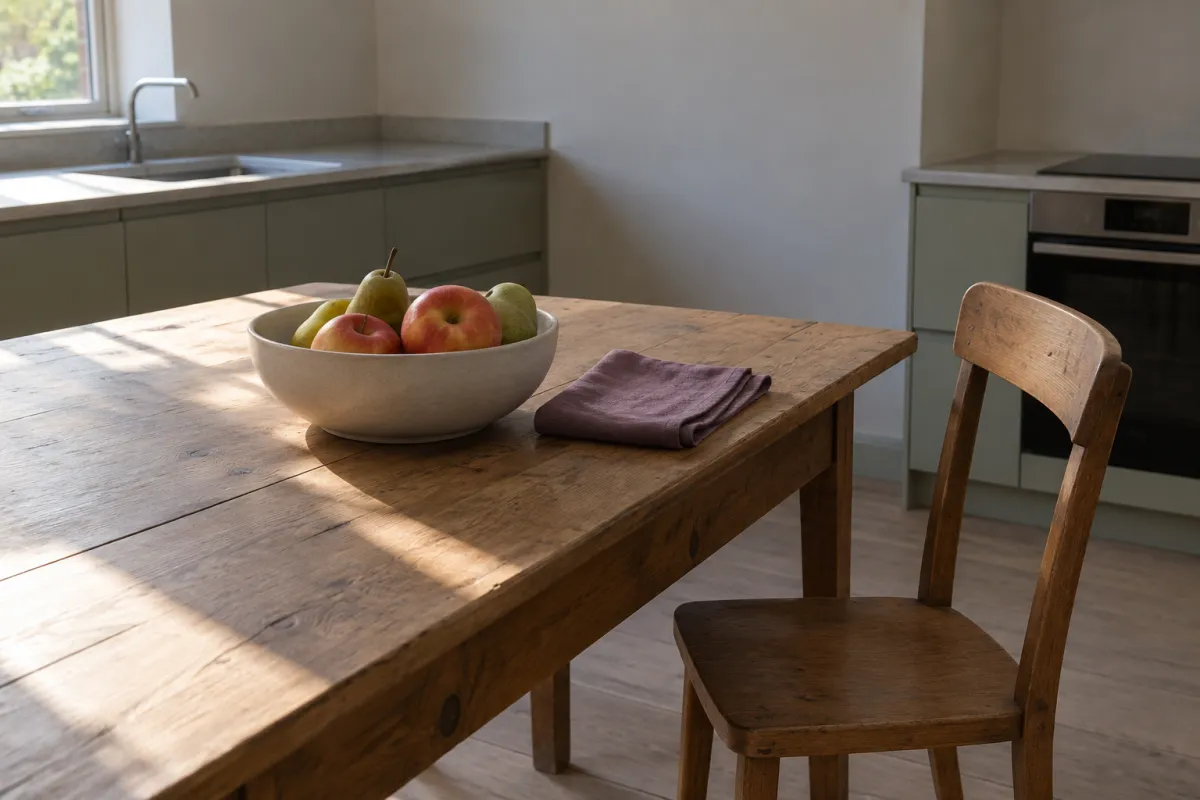 A wooden kitchen table with a ceramic bowl of apples and pears, a folded linen napkin and a chair pulled out, afternoon light across the table.