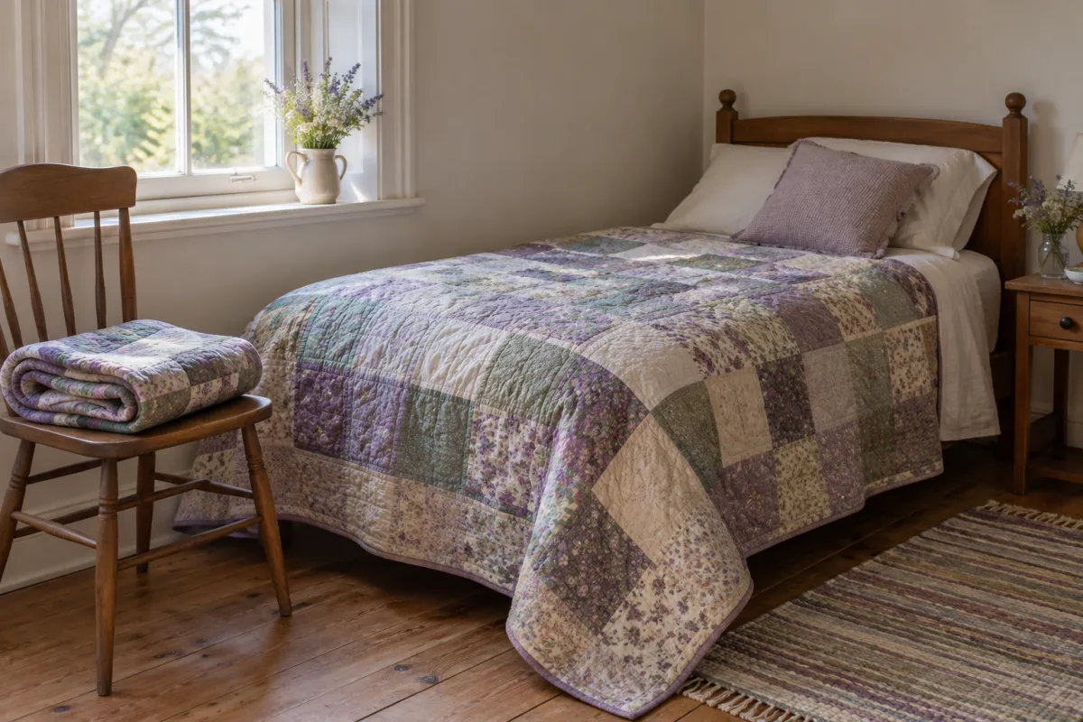 A handmade patchwork quilt in muted lavender, sage, cream and plum squares spread over a plain single bed, a second folded quilt on a wooden chair beside it, soft light from a window.