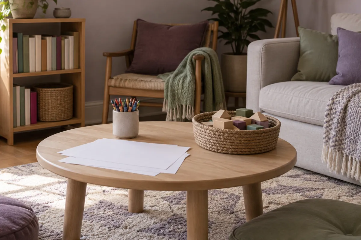 A children&rsquo;s corner in a plain living room: a low round table with sheets of blank paper and a jar of crayons, a basket of wooden blocks, a small shelf of books and a soft rug in morning light.