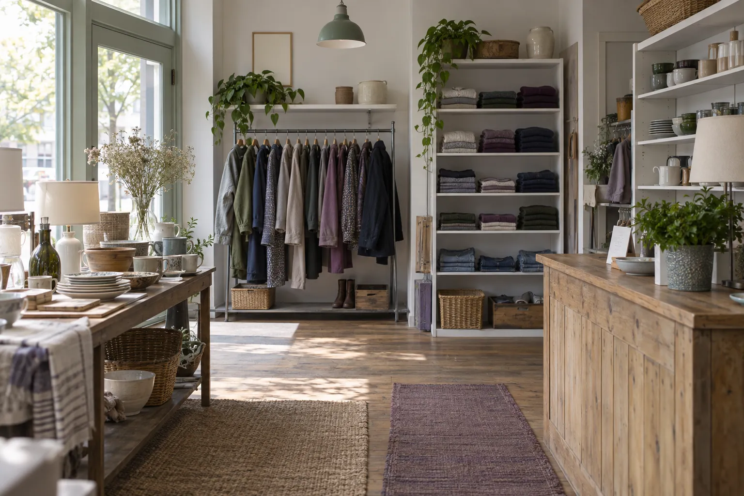 The inside of a small thrift store: tidy shelves of folded clothes, a rail of coats, a table of kitchenware and lamps, a wooden counter with a plant, daylight from the front window.