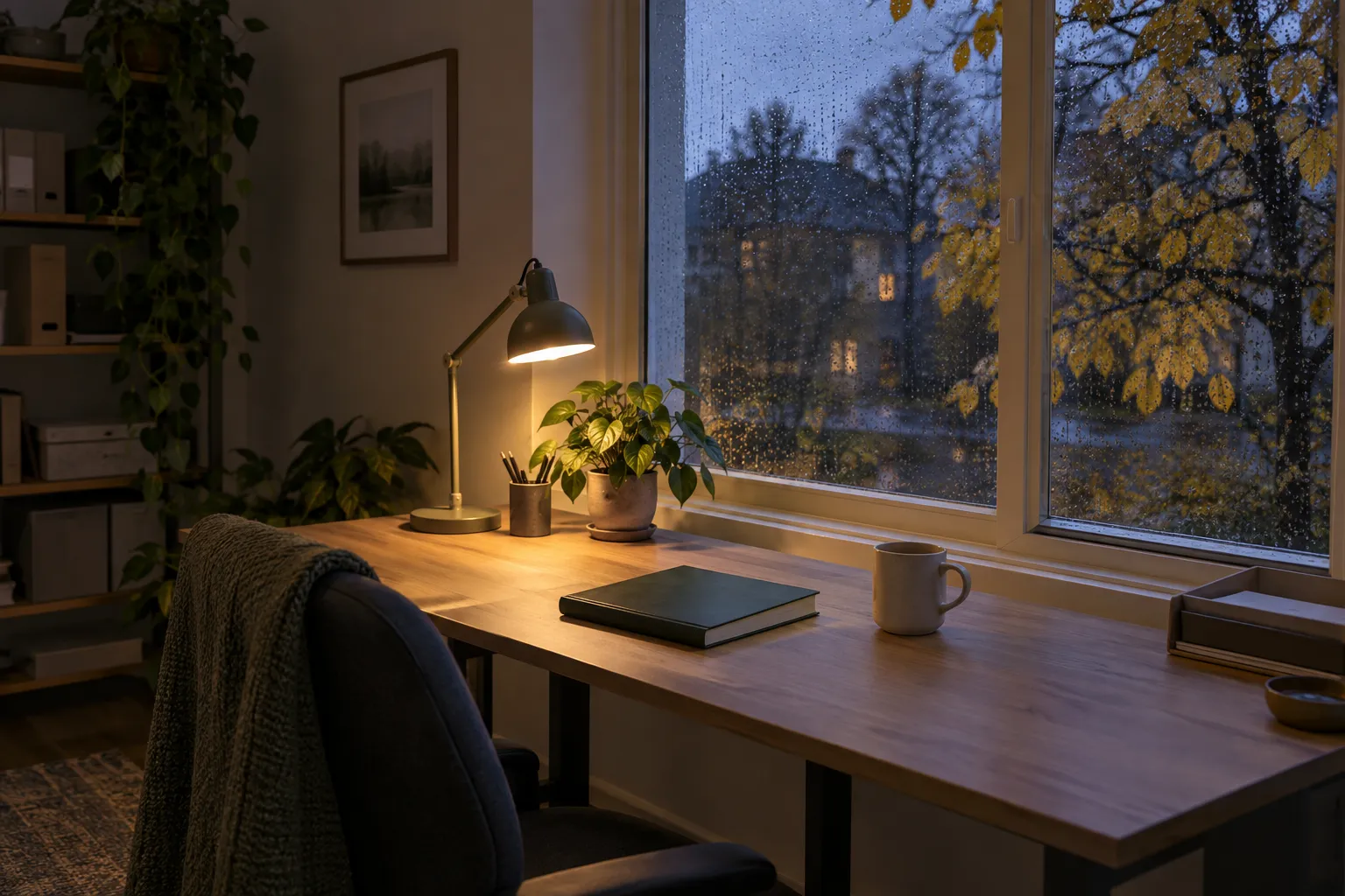 A plain office desk by a window at dusk in late autumn: rain on the glass and wet yellow leaves outside, a desk lamp switched on, a closed ledger, a mug and a small potted plant.