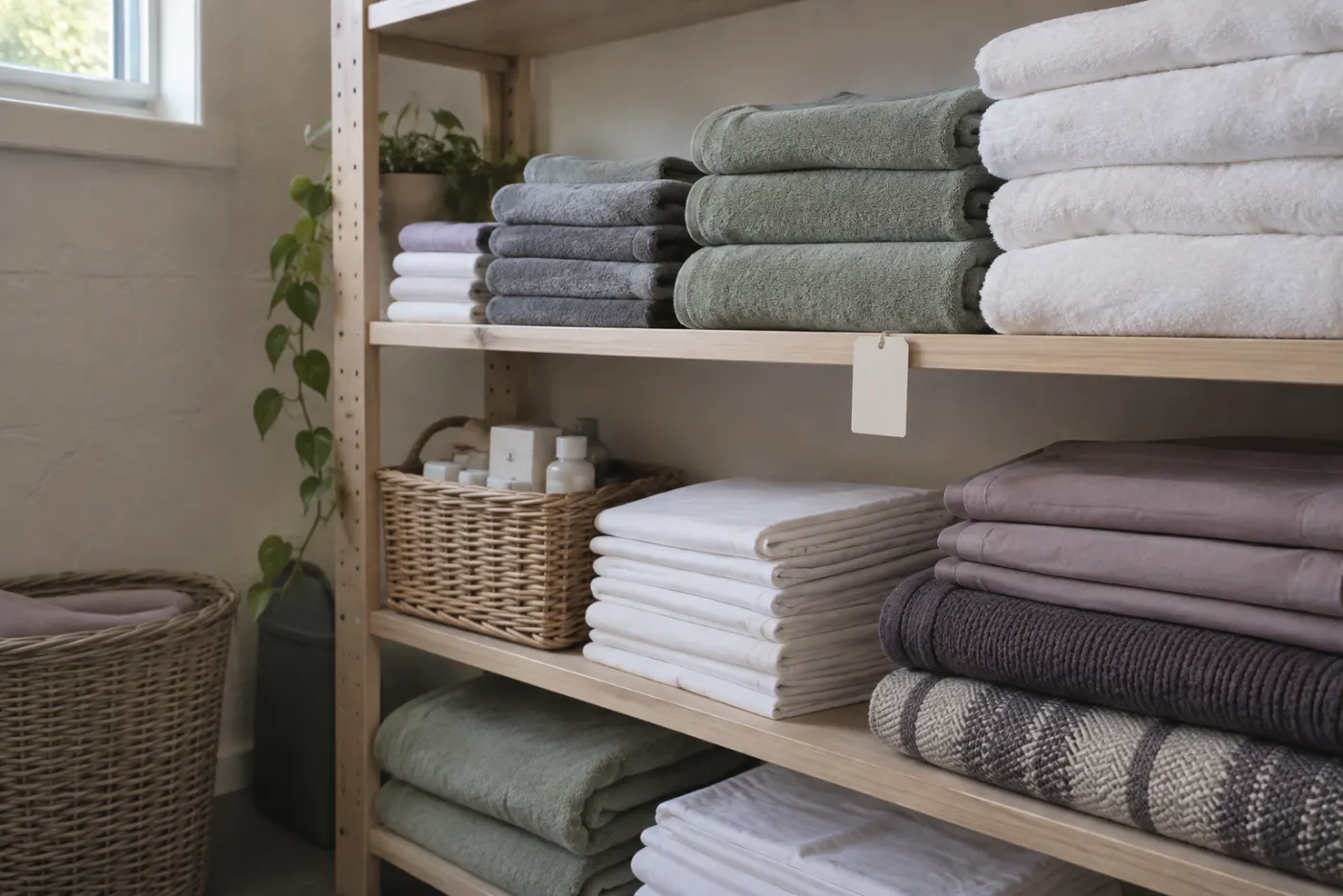 A storeroom shelf of freshly laundered donated linens: stacks of folded towels, sheets and blankets in white, grey and sage, a wicker basket of unopened toiletries with the labels turned away, a blank tag on the shelf edge.