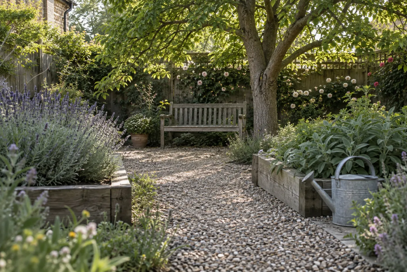 A wooden garden bench under an ash tree in a small walled garden: a gravel path, lavender and sage in raised beds, a watering can, climbing roses on a high fence, late afternoon light.