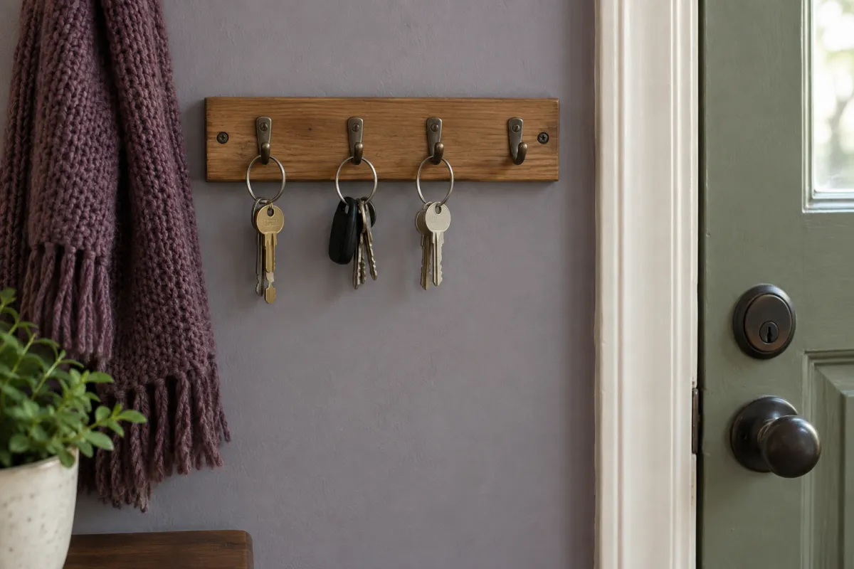 A small wooden key rack on a painted wall by a front door: three plain key rings on hooks, one empty hook and a knitted scarf hanging beside it.