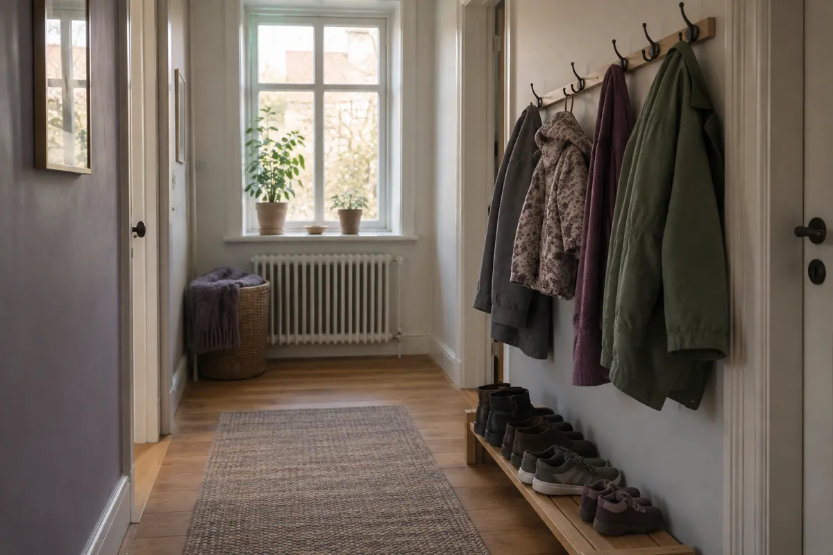 A hallway in a plain house with a row of coat hooks holding a few coats in sage, grey and plum, a child-sized coat among them, shoes lined up below and morning light from a window.
